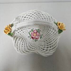 Vintage Capodimonte woven fine porcelain basket with roses made in Italy